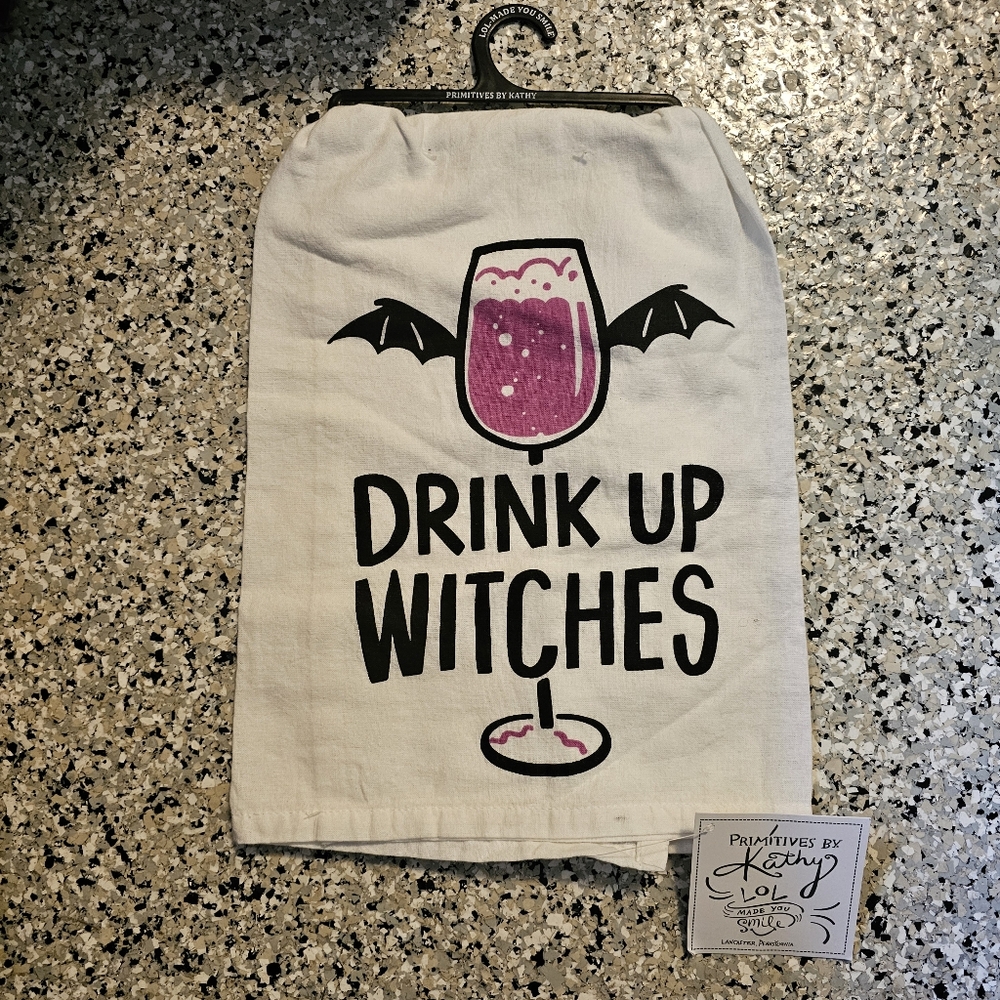 Primitives by Kathy Halloween Cotton Tea Towel. "Drink up Witches"